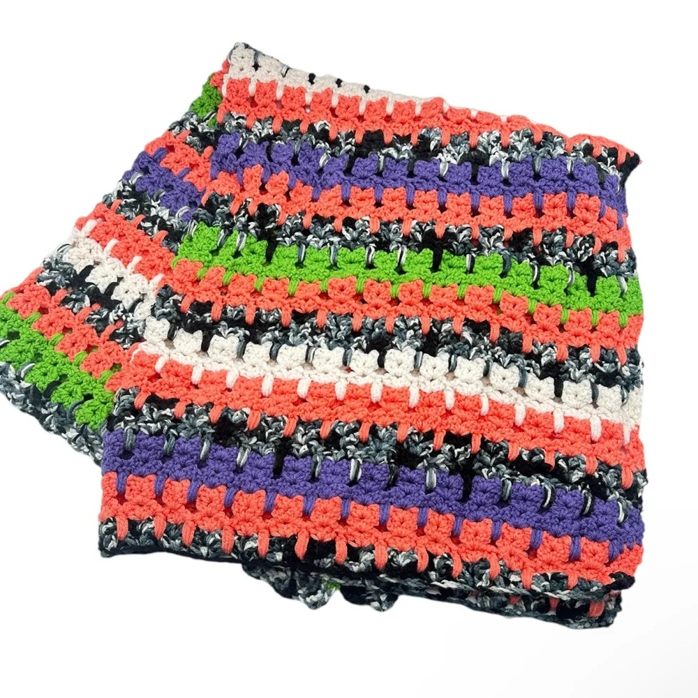 Handmade Crochet Granny Afghan throw Blanket Vibrant black purple green orange‎